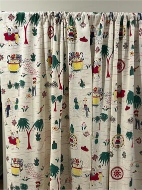 Vintage 1940s Mexican Fiesta Novelty Print Cotton Twill Curtains – Pair